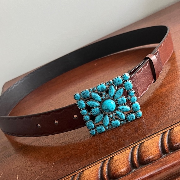 Accessories - Brown Faux Leather Belt with Turquoise Buckle